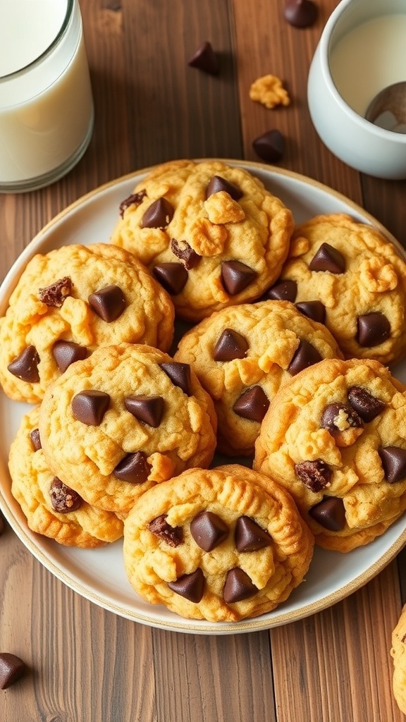 A plate of chewy corn flake cookies with chocolate chips, served with a glass of milk on a wooden table.